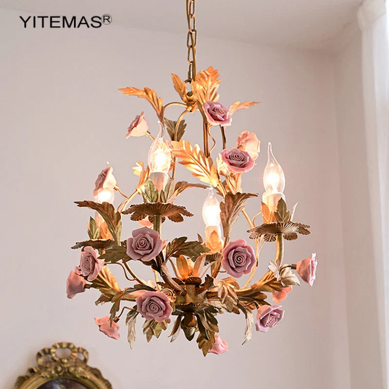 Afralia™ Pink Ceramic Flower Chandelier: Luxury Gold Princess Chandelier for Girls' Room