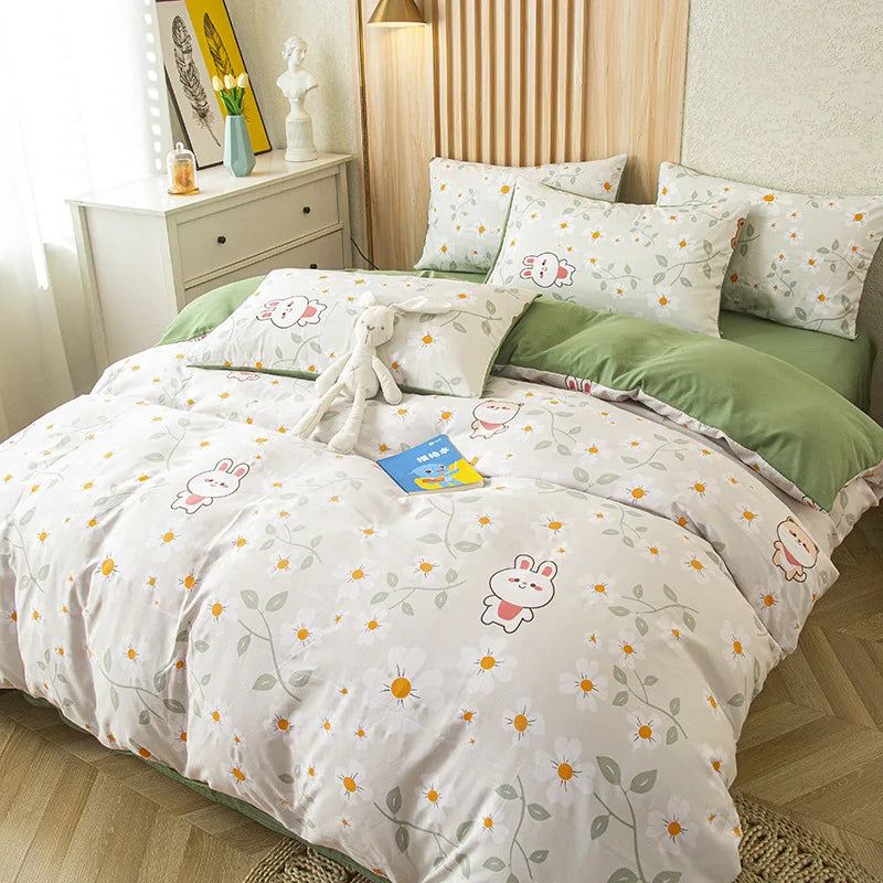 Afralia™ Green Leaf Print Bedding Set: Duvet Cover, Flat Sheet & Pillowcase - Single Queen Size