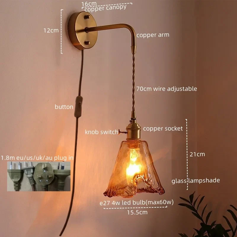 Afralia™ Glass Copper LED Wall Sconce Vintage Style for Bedroom Dining Room Mirror Lighting