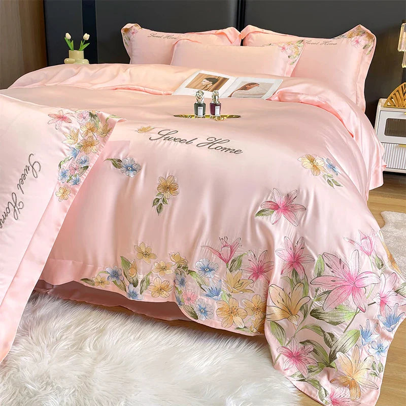 Afralia™ Flowers Embroidery Silky Duvet Set with Comforter Cover & Fitted Sheet