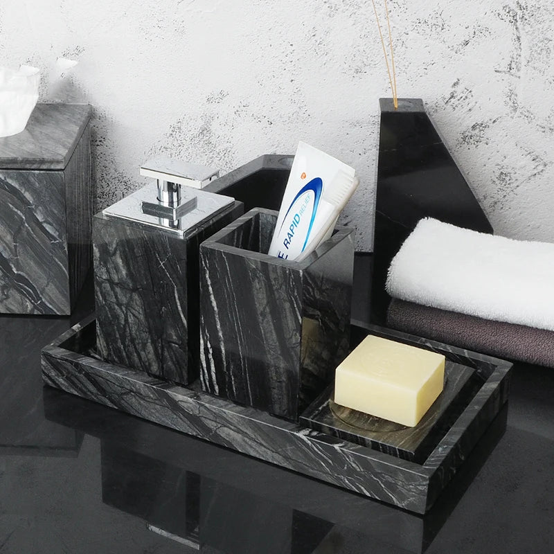 Afralia™ Tree Black Marble Bathroom Accessories Set: Toothbrush Holder, Soap Dispenser, Soap Dish