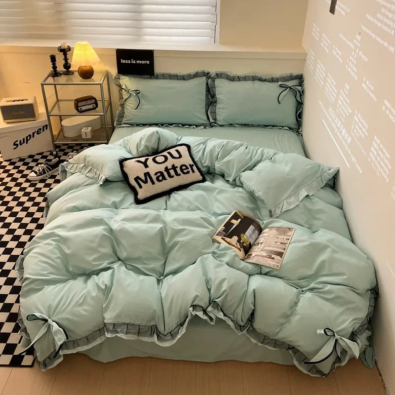 Afralia™ Princess Bow Embroidery Cotton Bedding Set with Lace - Single to King Sizes