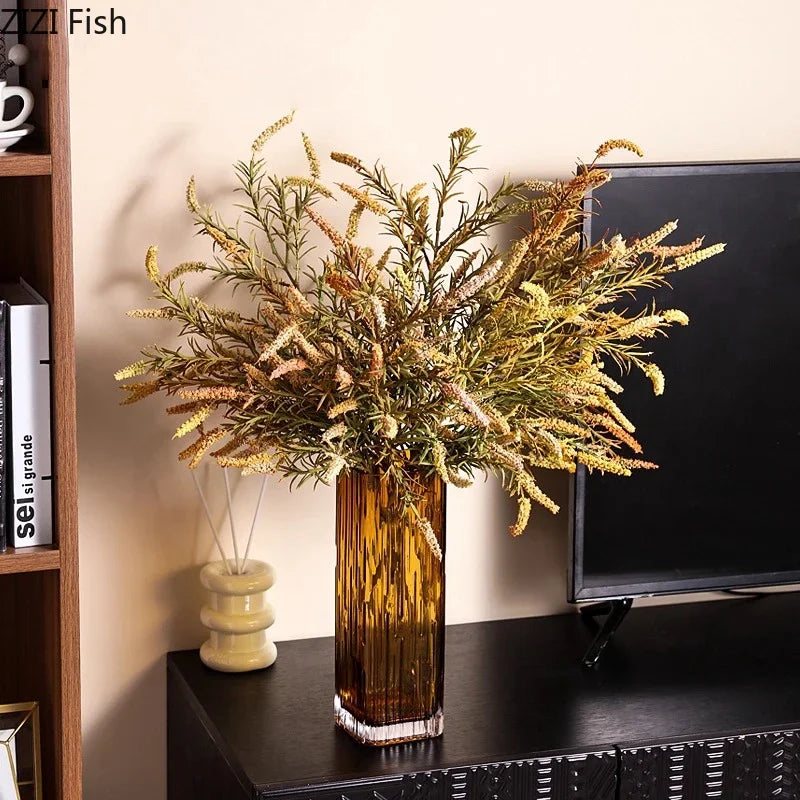 Amber Glass Vase & Artificial Flower Arrangement Set by Afralia™