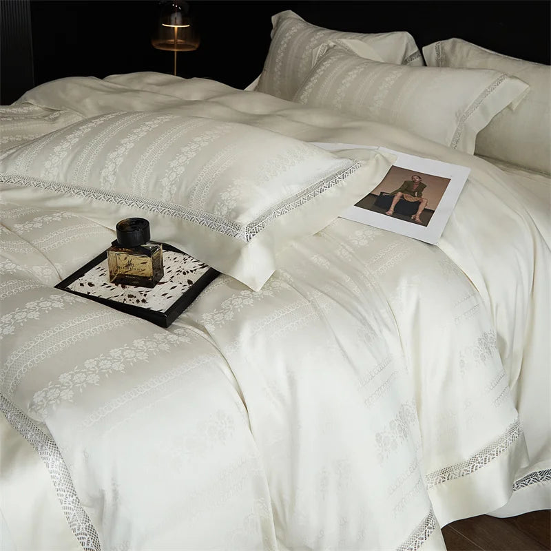 Afralia™ Silky Jacquard Summer Bedding Set with Hollow Lace Design