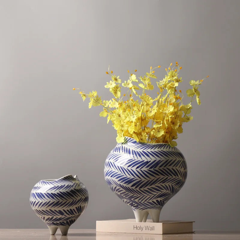 Afralia™ Hand-Painted Striped Ceramic Vase: Home Decor Flower Pot Craft Pottery.