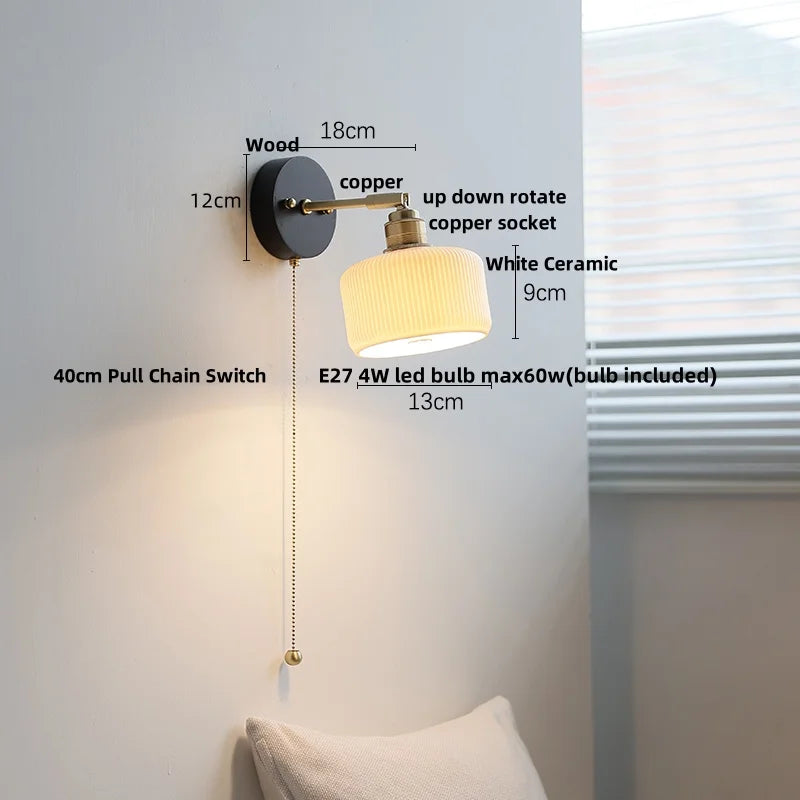 Afralia™ Copper LED Wall Lights Pull Chain Switch Modern Bedside Lamp Wood White Ceramic
