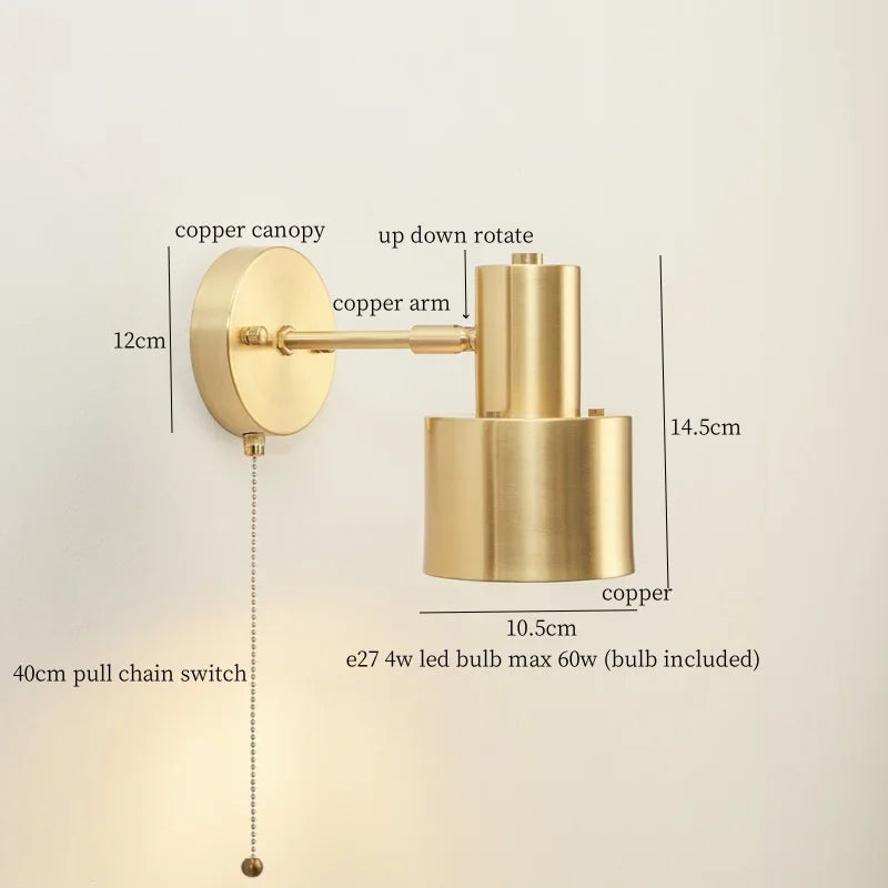 Afralia™ Nordic Copper LED Wall Lamp Pull Chain Switch Wandlamp