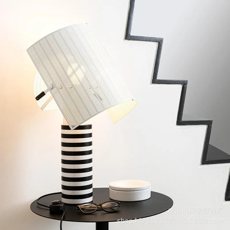 Afralia™ Modern Stripe Grid LED Table Lamp Black White for Bedroom Living Room
