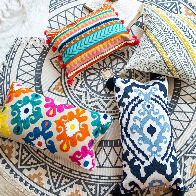 Afralia™ Boho Vintage Embroidered Lumbar PillowCase with Tassels