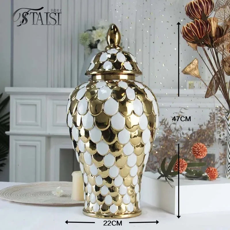 Afralia™ Geometric Golden Porcelain Jar - Home Decor Vase & Storage Tank