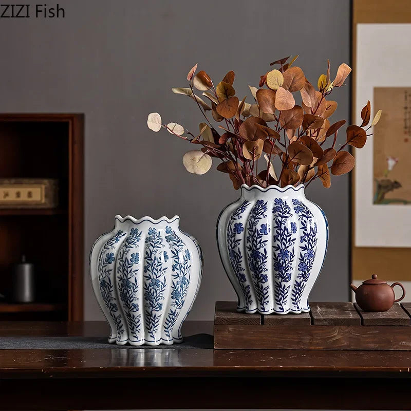 Afralia™ Blue & White Porcelain Vase Desk Decor with Artificial Flowers