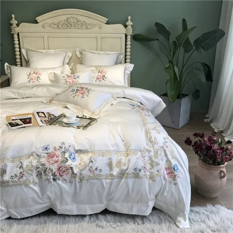 Afralia™ Egyptian Cotton White Embroidery Bedding Set - Queen/King Size - 1000TC Linens