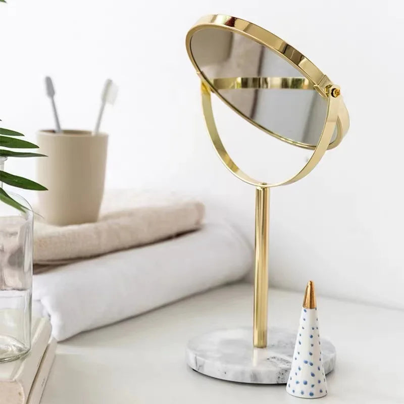 Afralia™ Marble Makeup Vanity Mirror Golden Stand 2X Magnifier Rotation