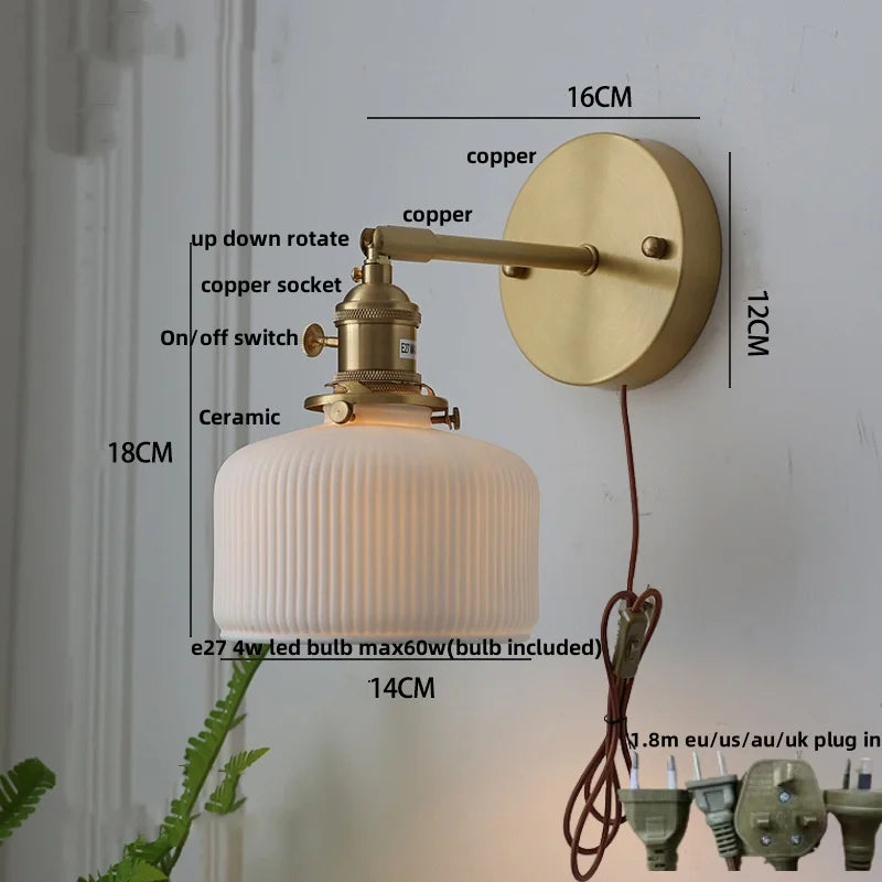 Afralia™ Copper LED Sconce Wall Lamp Pull Chain Switch Nordic Modern Ceramic Mirror Light