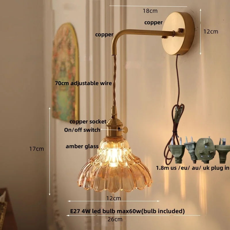 Afralia™ Modern Copper Flower Glass Wall Light with Pull Chain