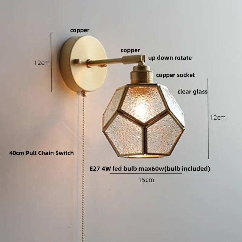 Afralia™ Japanese Style LED Wall Light Clear Glass Pull Chain Switch Bedside Lamp