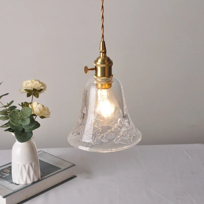 Afralia™ Flower Glass LED Pendant Lamp Brass Knob Switch Adjustable Wire Dining Room Lighting