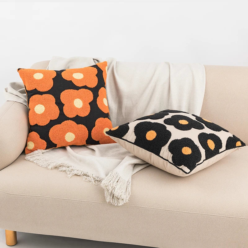 Afralia™ Poppy Floral Embroidered Cushion Cover Blue Orange 45x45cm Home Decor