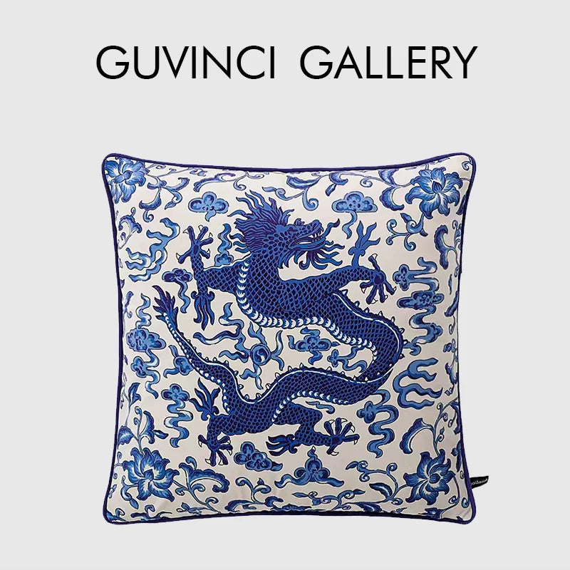 Afralia™ Indigo Blue Dragon Velvet Pillow Cover 60x60cm Eclectic Style Home Decor