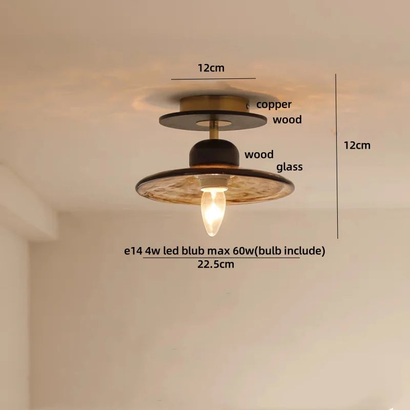 Afralia™ Round Wood Copper Amber Glass Ceiling Lamp