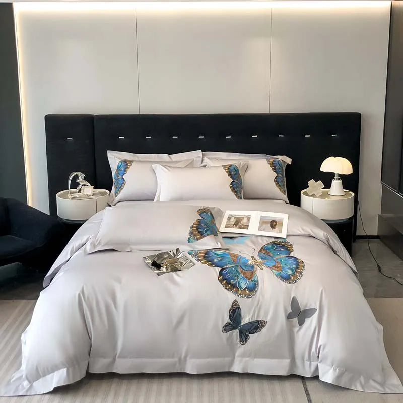 Afralia™ Butterfly Embroidery Bedding Set: King/Queen/Ru Size Bed Linens, Sheet, Pillowcase, Comforter Cover