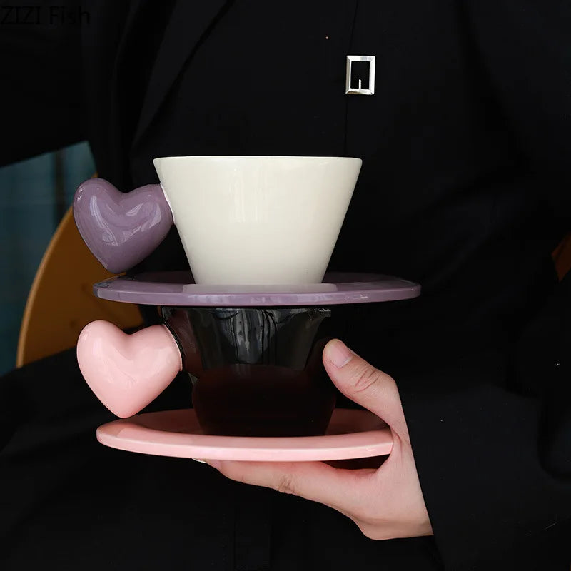 Afralia™ Heart Shape Porcelain Lovers Mug Set Dining Coffee Cup Tea Saucer Juice Cup