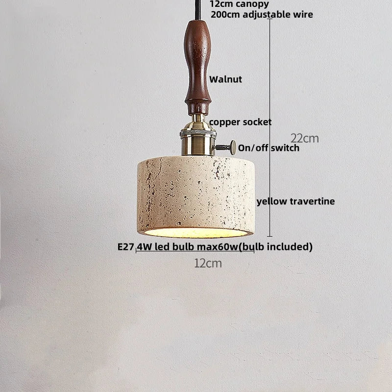 Afralia™ Wood Walnut LED Pendant Light Yellow Trivertine Stone Hanging Lamp