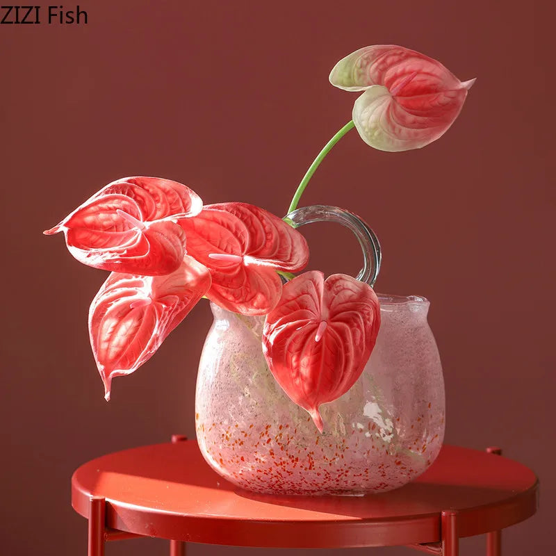 Afralia™ Pink Glass Flower Vase Terrarium Basket Home Decor Accessory