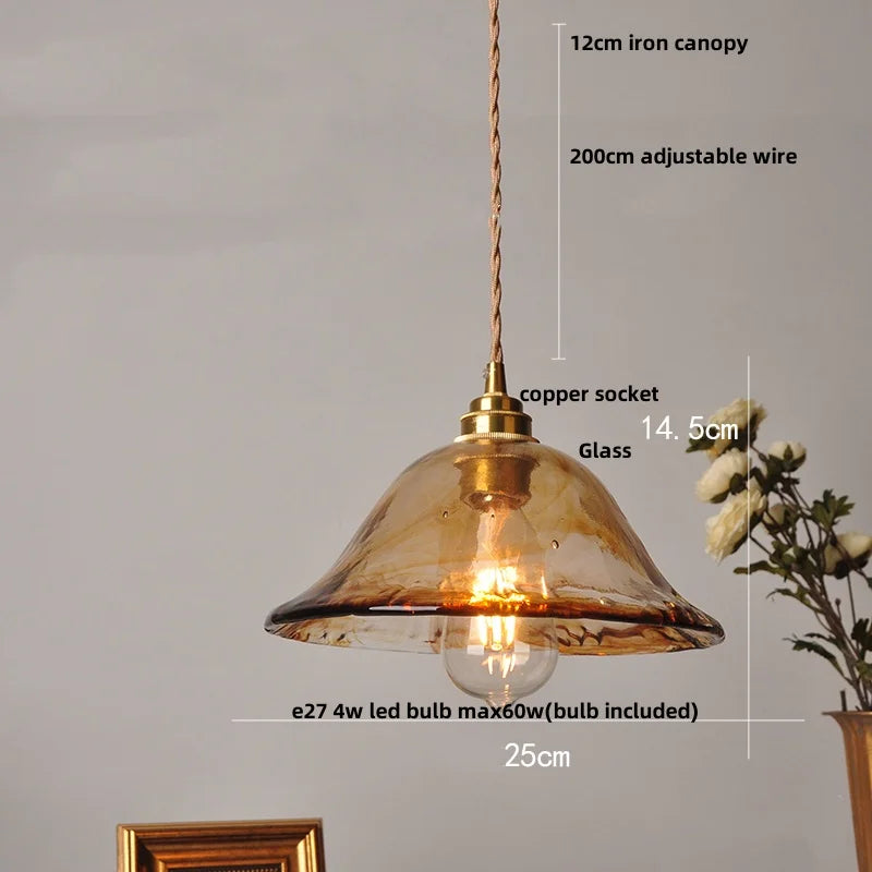 Afralia™ Amber Glass LED Pendant Light Fixture, Vintage E27 Copper Hanging Lamp