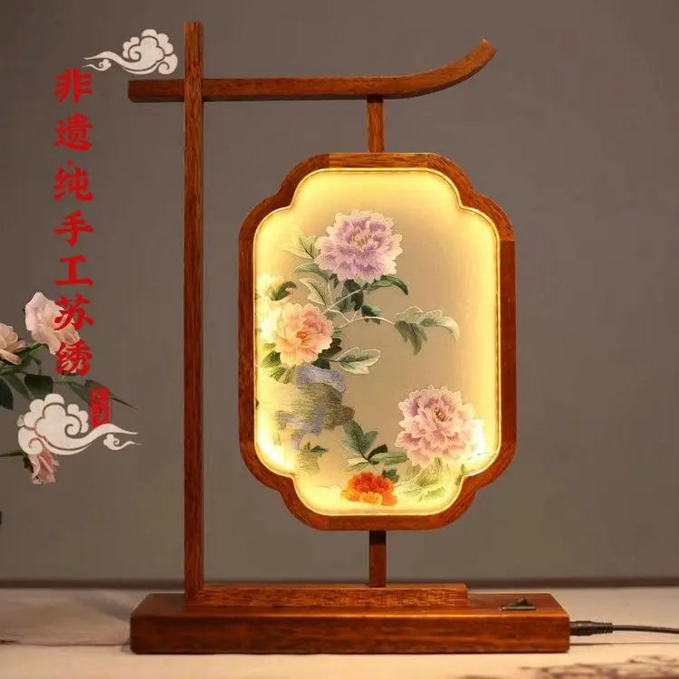 Afralia™ Chinese Style Embroidered Desk Lamp Decoration Screen - Double-Sided Home Table Decor