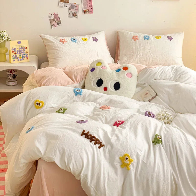 Afralia™ Cartoon Towel Embroidery Bedding Set in Soft Washed Cotton for Kids