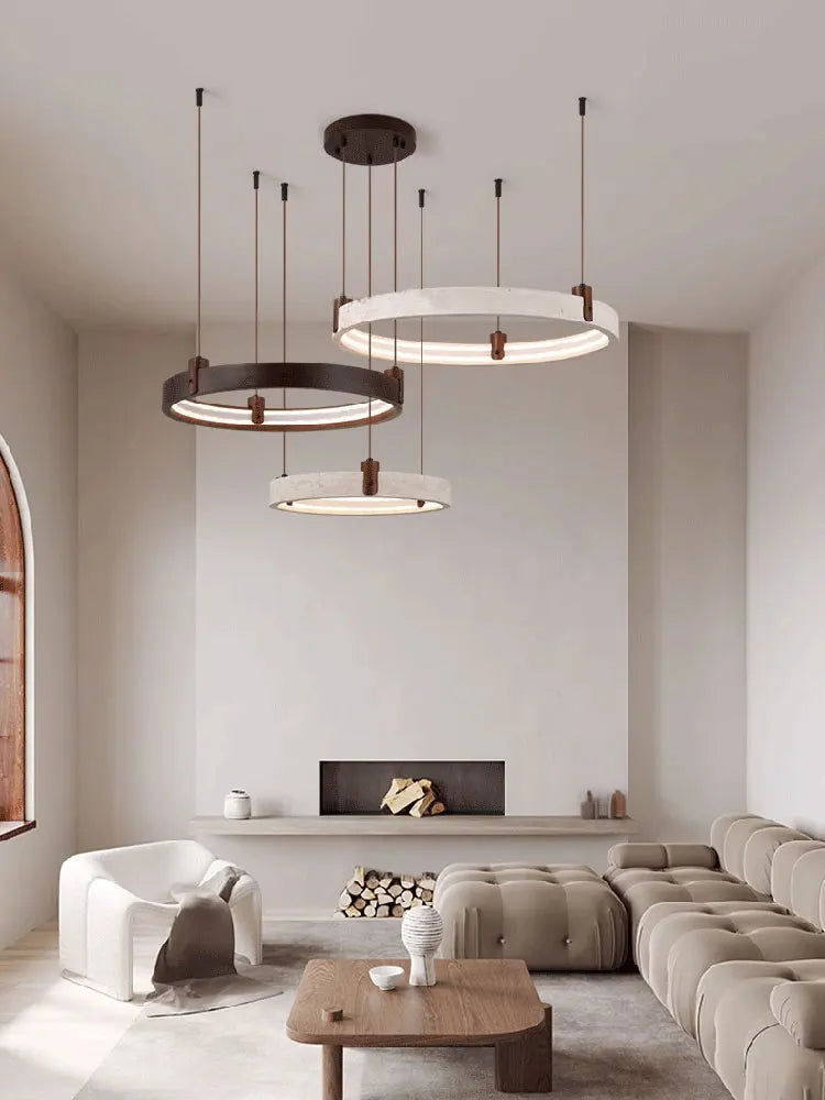 Afralia™ Natural Stone Wood Ring LED Chandelier for Dining & Living Room