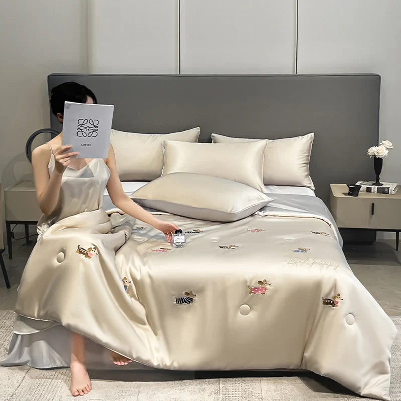 Afralia™ Washed Silk Embroidered Quilt Set Queen, Cooling Summer Blanket