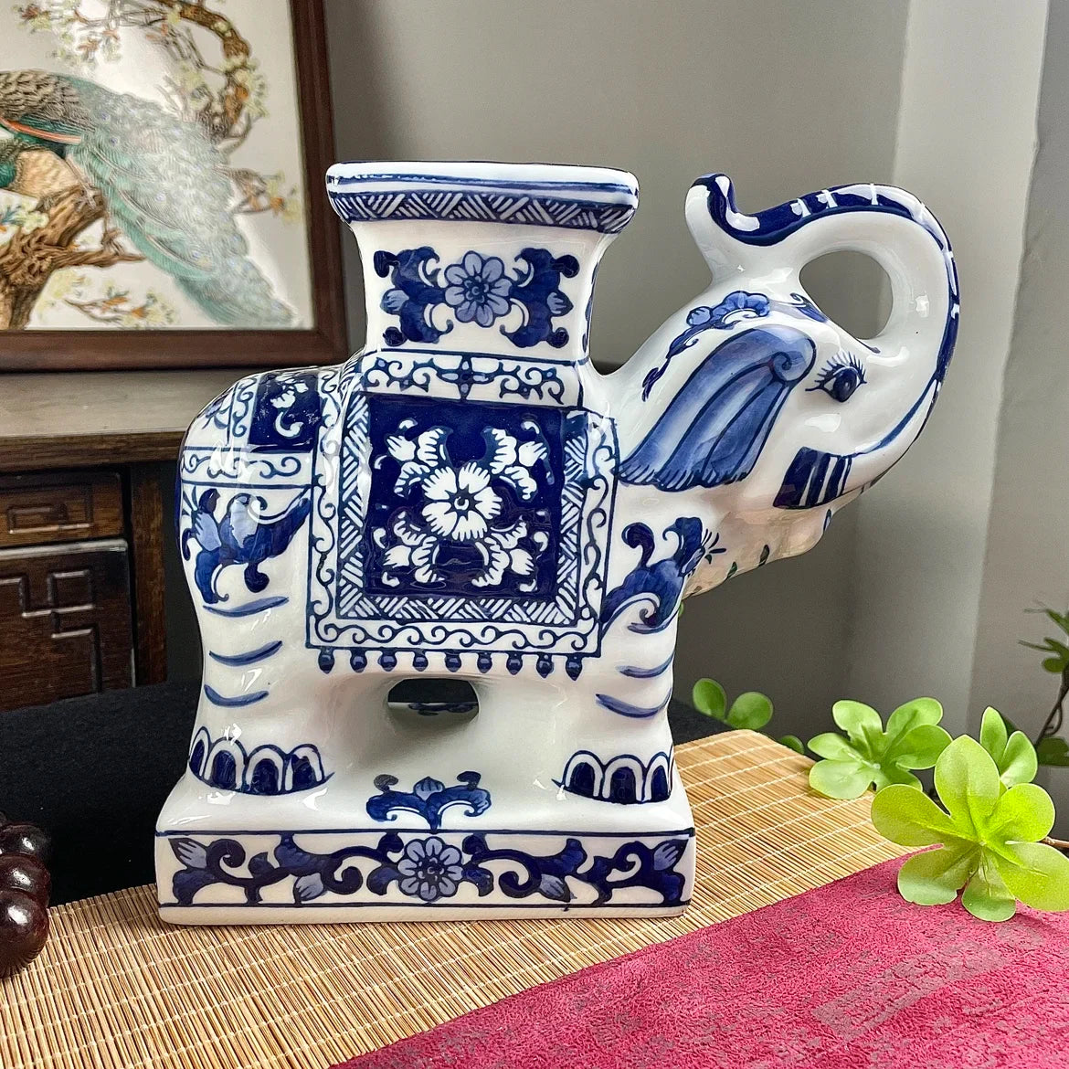 Afralia™ Elephant Statue, Blue & White Ceramic Table Accessory, Home Decor
