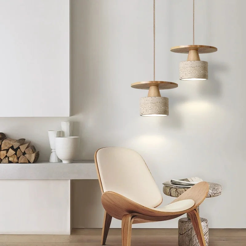 Afralia™ Yellow Travertine LED Pendant Lamp with Natural Wood Accent