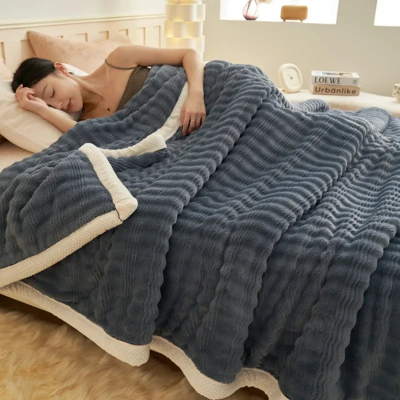 Afralia™ Cozy Rabbit Plush Blanket: Soft Striped Warm Sofa Throw, Absorbent Breathable Nap Blanket