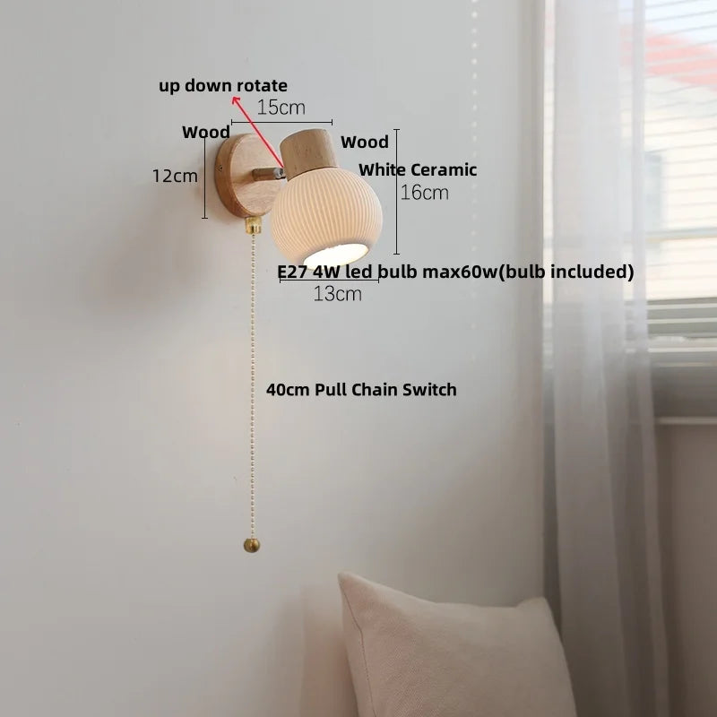 Afralia™ Ceramic LED Wall Lights with Pull Chain Switch, Modern Wood Base Bedside Lamp