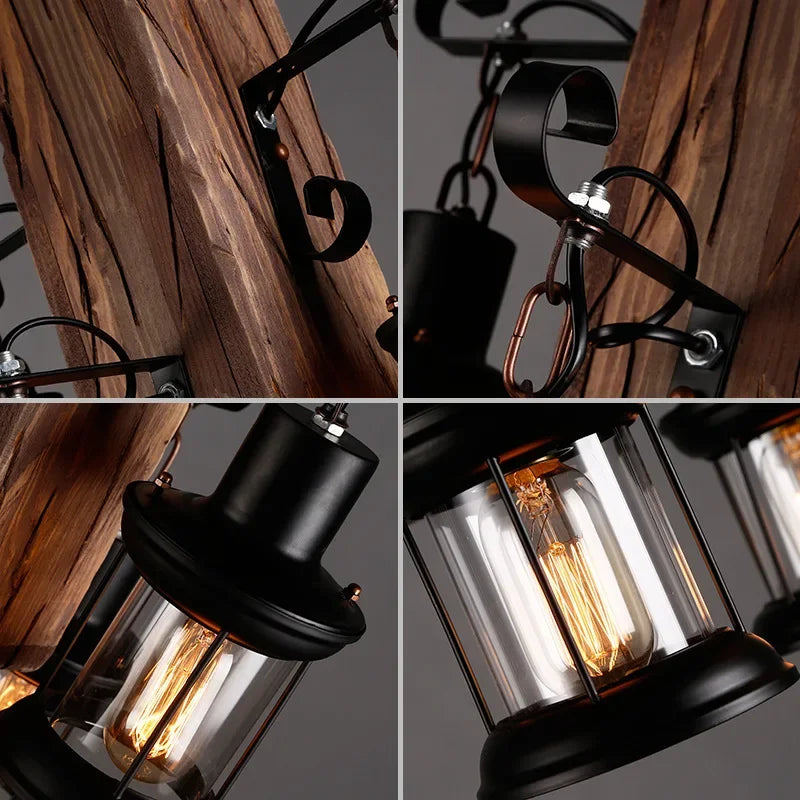 Afralia™ Wood and Iron Chandelier Pendant Lighting for Kitchen Island, Bedroom, Coffee Shop