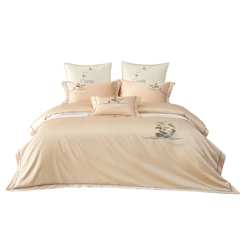 Afralia™ Pink Satin Jacquard Lotus Duvet Set 4Pcs Queen King Bedlinens