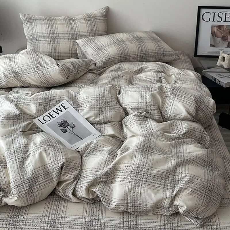 Afralia™ Cotton Grid Bedding Set - Soft & Stylish Bed Sheet, Quilt Cover Kit