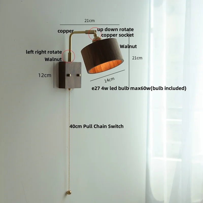 Afralia™ Copper LED Wall Light Sconce Pull Chain Switch Rotatable Bedside Lamp