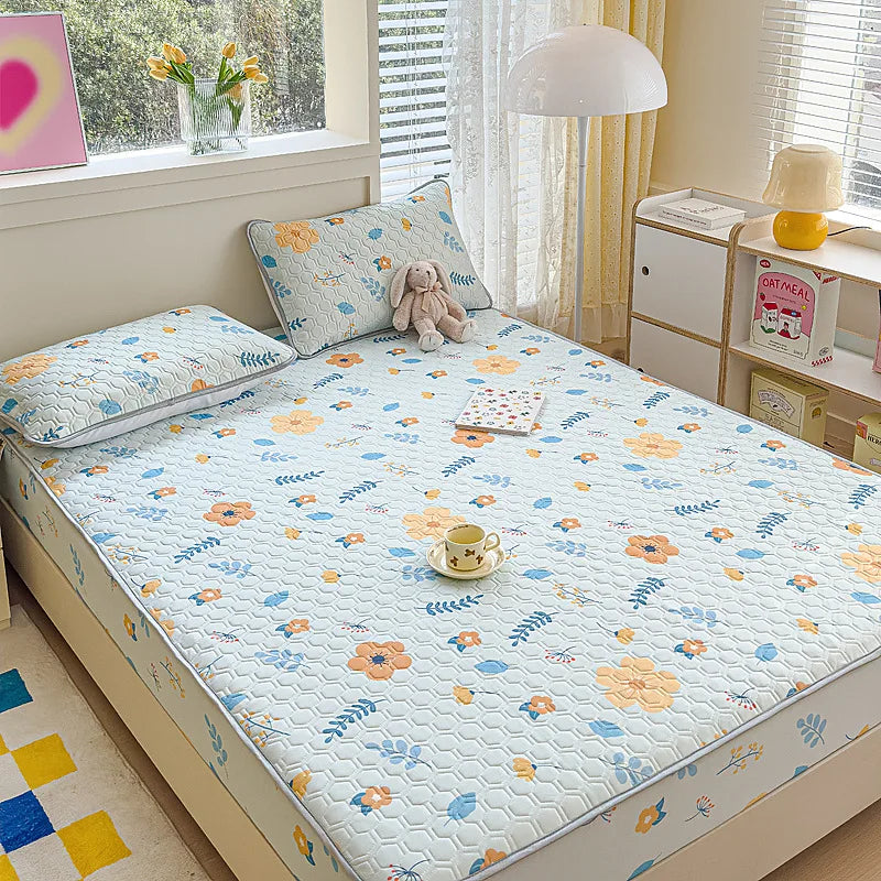 Afralia™ Cool Silk Latex Fitted Sheet Set with Pillowcases, Summer Ice Silk, Single Double Bed