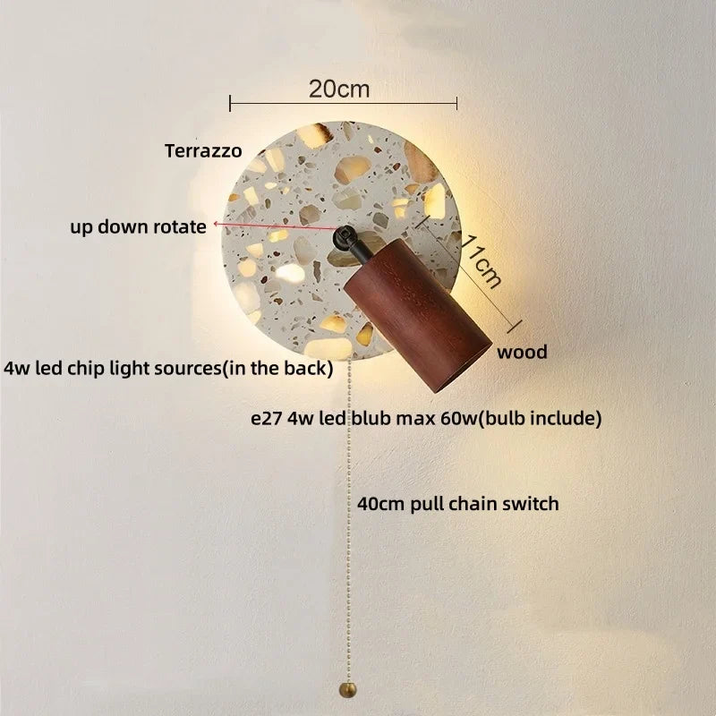 Afralia™ Terrazzo LED Wall Lights Iron Rotate Pull Chain Switch Wood Bedside Lamp