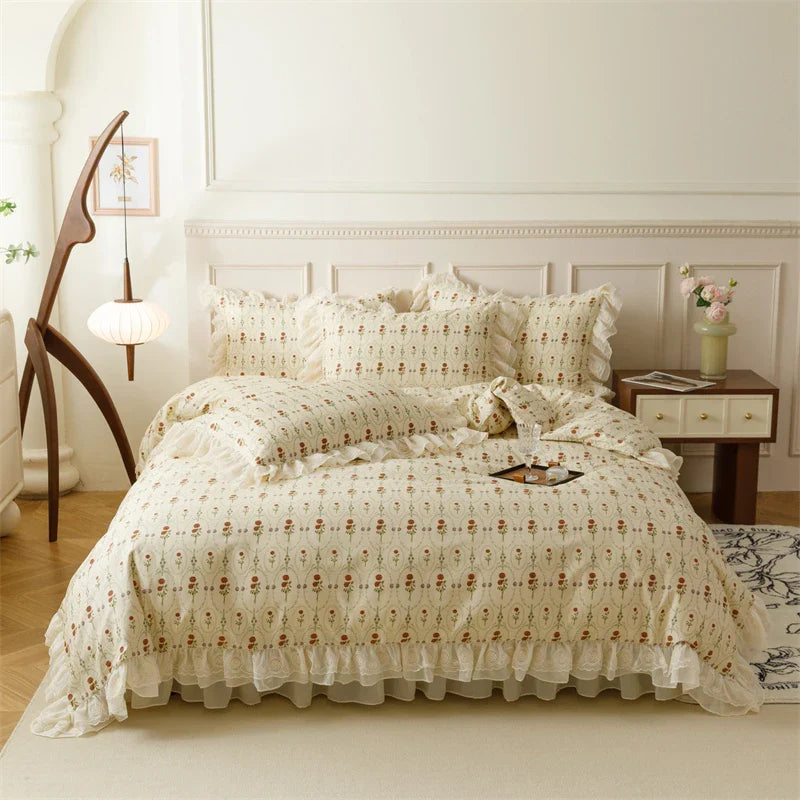 Afralia™ French Country Flowers Print Bedding Set with Lace Ruffles