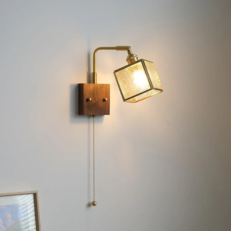 Afralia™ Wood Cube Glass LED Wall Lights with Pull Chain Switch for Modern Interiors