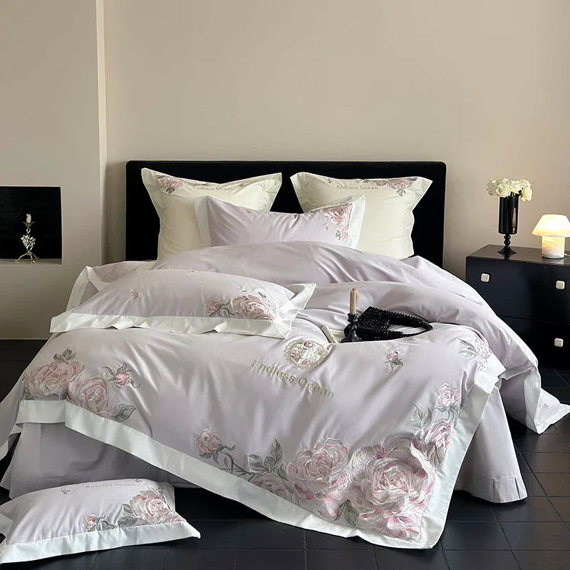 Afralia™ 4-Piece Pink Purple Flowers Embroidery Bedding Set in 1000TC Egyptian Cotton