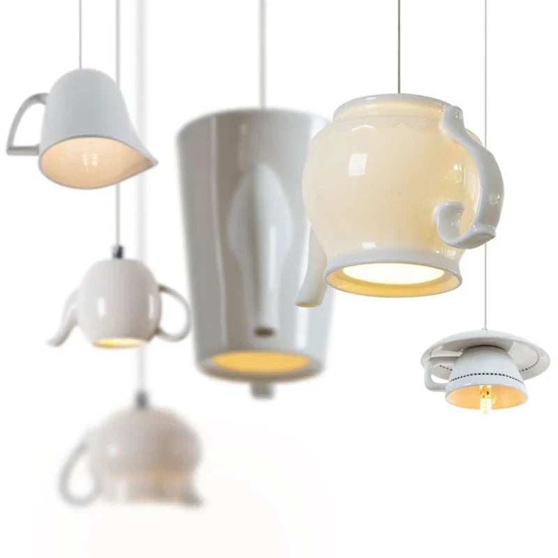 Afralia™ Ceramic LED Pendant Lights Tea Cup Teapot Hanging Lamp for Kitchen Dining Room