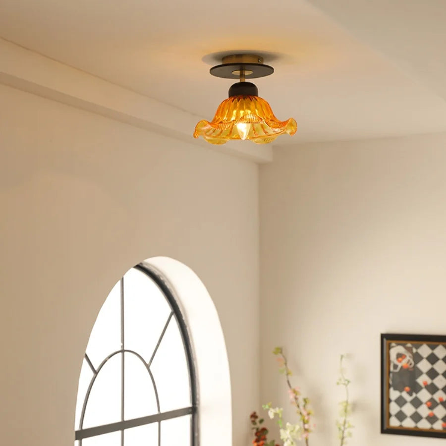 Afralia™ Amber Glass Ceiling Lamp Wood Nordic Modern Bedroom Bathroom Light
