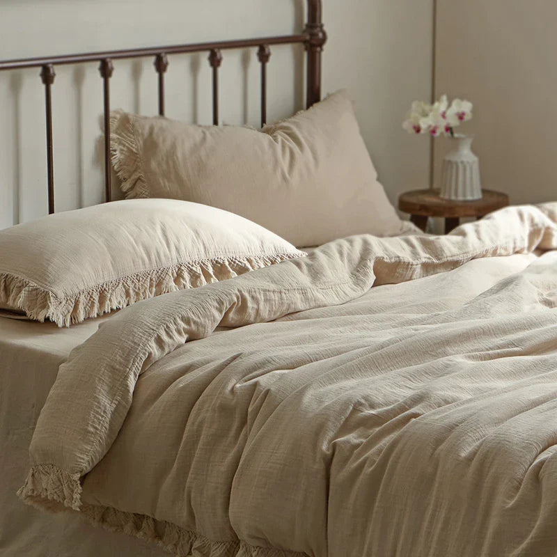 Afralia™ Soft Cotton Tassel Ruffles Bedding Set with Duvet Cover, Sheet & Pillowcases