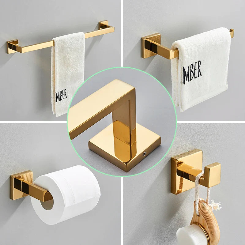 Afralia™ Polish Gold Stainless Steel Bathroom Accessories Set: Towel Bar, Paper Holder, Hook